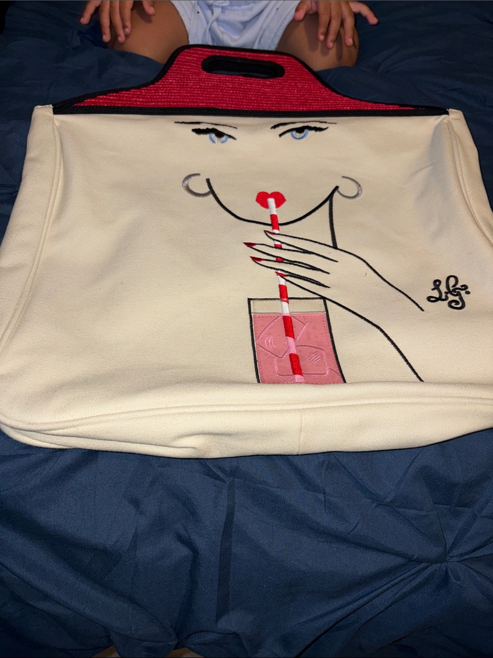 Lulu Guinness Cream Tote with Pink, Red and Black Accents